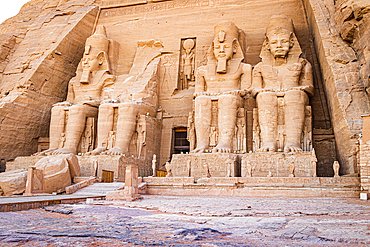Colossal statues and facade of the Great Temple of Ramses II at Abu Simbel