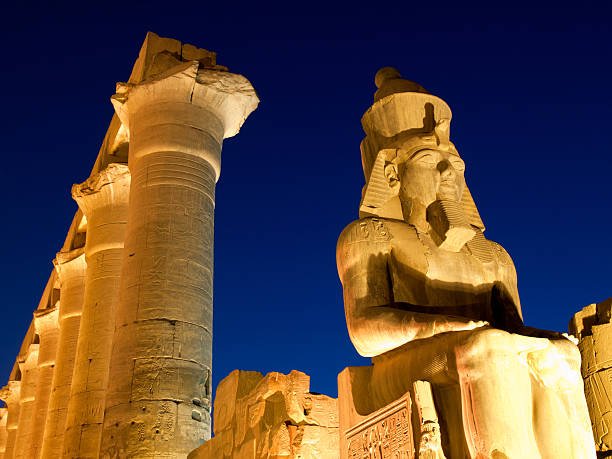 Scenic view of Luxor Temple illuminated at sunset on a budget trip