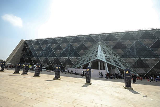 Exterior of the Grand Egyptian Museum near the Giza Pyramids
